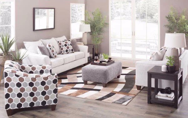 a vibrant spring living room with multiple fresh plant pots on the floor and tabletops