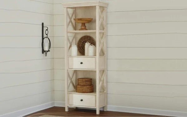 a lightwood standalone shelf with drawers and open storage units for a spring home refresh