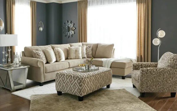spring living room with white and beige sheer, lightweight drapery that brings in sunlight with a diffused effect