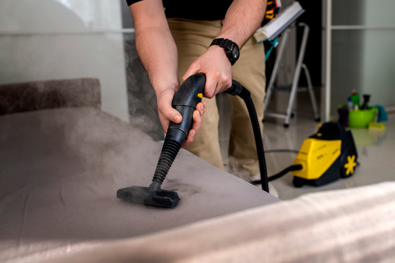 Professional steam cleaning of upholstered furniture for a deep cleaning session