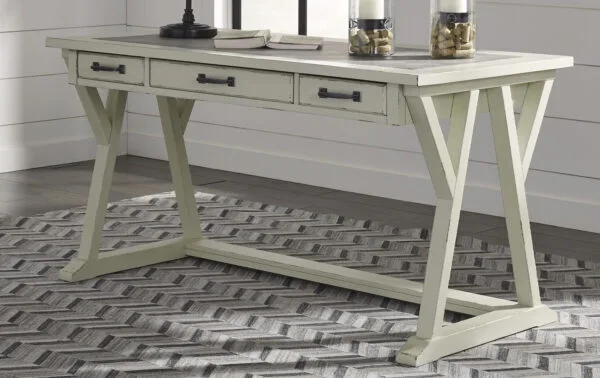 A writing desk with three drawers for storage