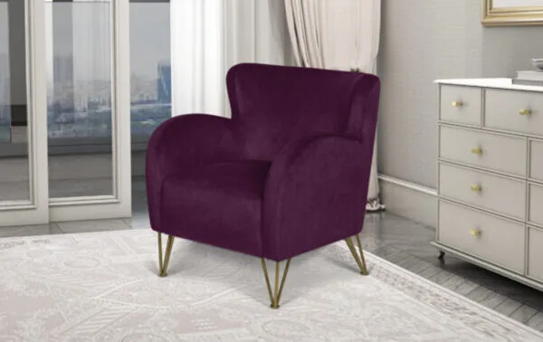 Mid-century modern chair with dark purple upholstery and metallic tapered legs