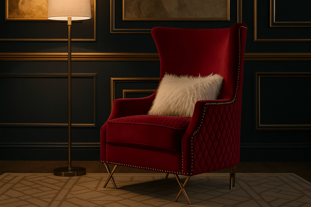 high back accent chair with red, velvet upholstery and shiny golden legs