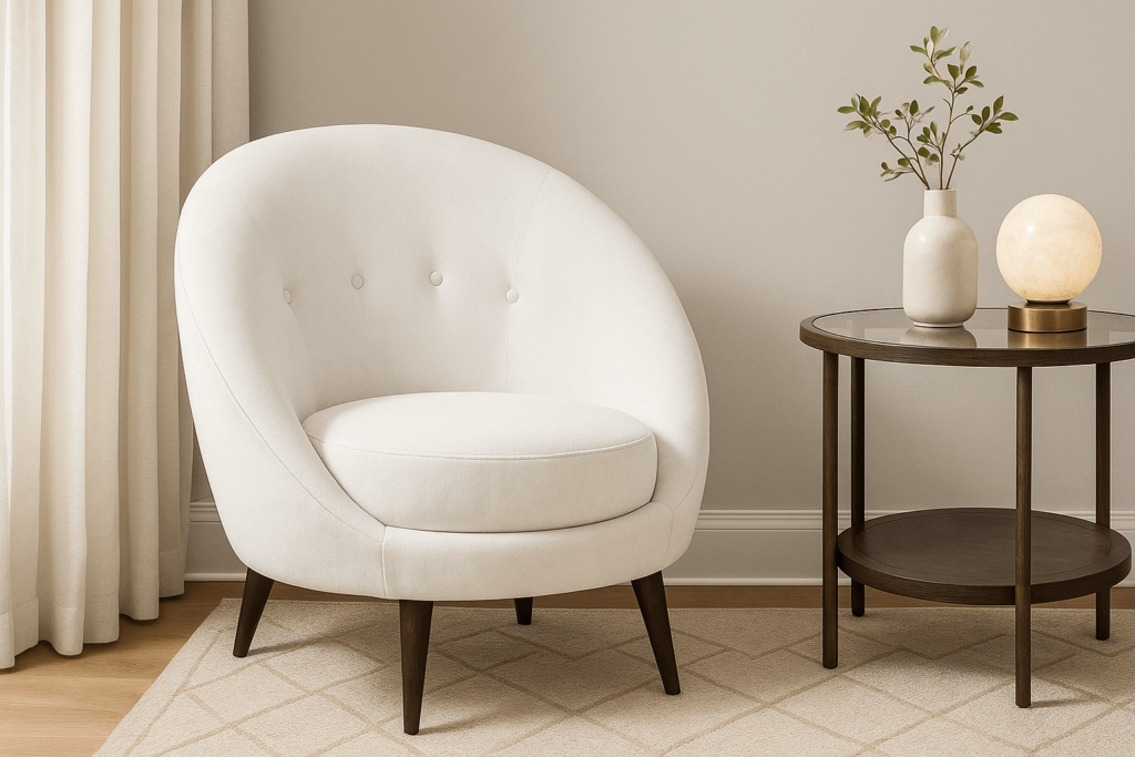 White egg chair with tapered legs