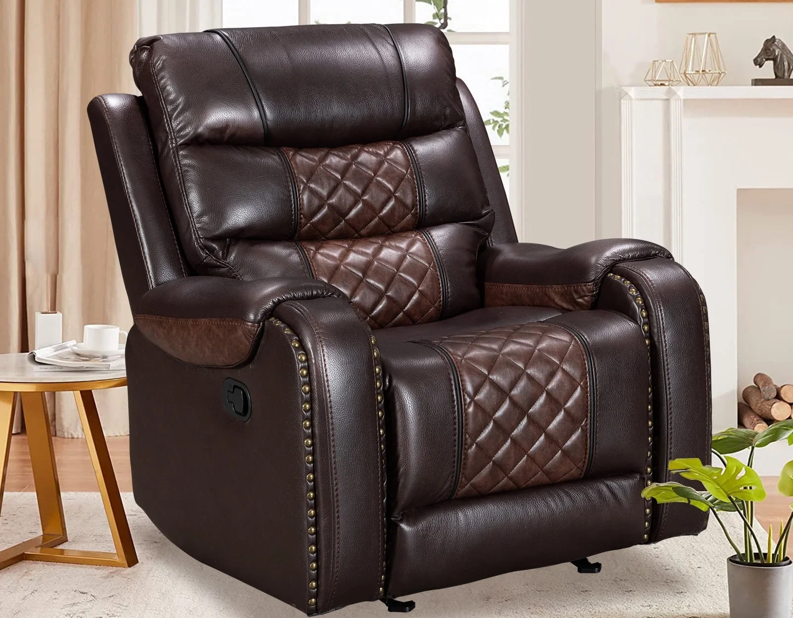 two-tone brown recliner in leather upholstery