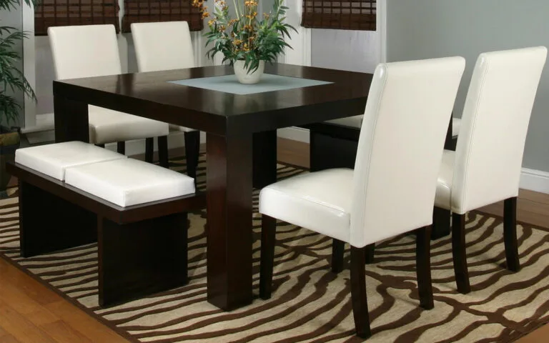 large square dining table with four chairs and two benches for eight people