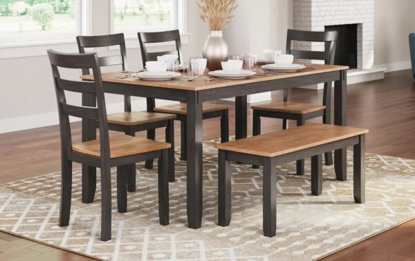 two-tone laminate dining table set with dark brown base and light brown surface