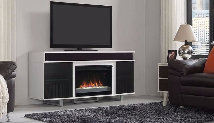 TV stand with fireplace insert and sound system