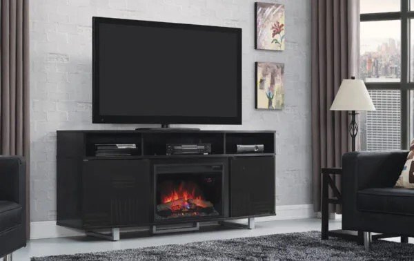 Electric fireplace TV stand with storage cabinets and media cubbies
