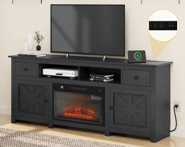 Rustic gray fireplace TV stand