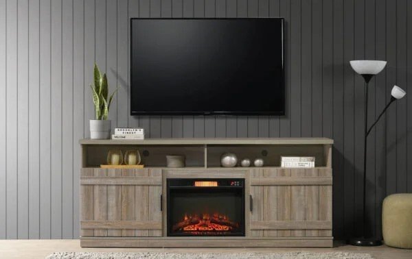 Rustic TV stand with an electric fireplace insert