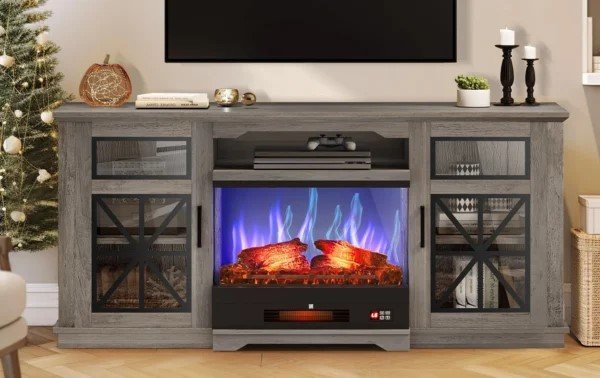 Electric fireplace TV stand with 3D visuals of burning wood and fire