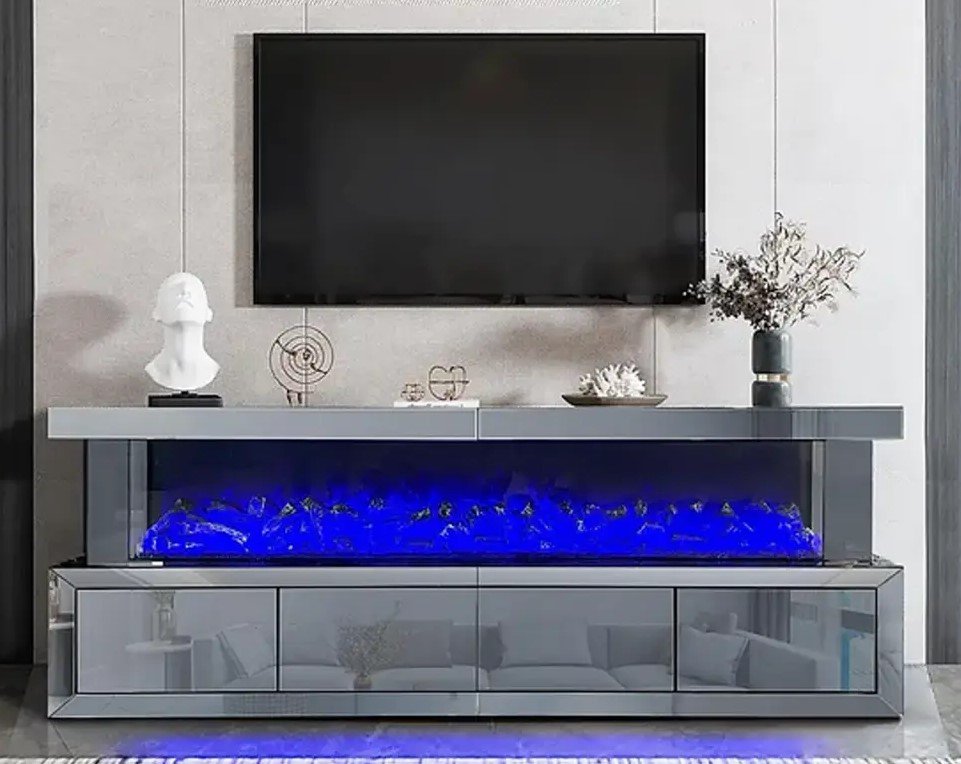 Mirrored media console with a panoramic fireplace display