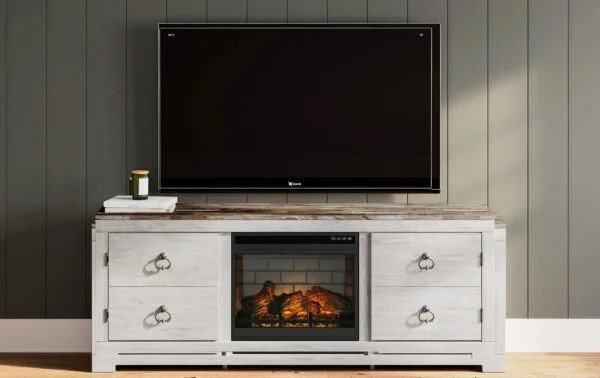 Coastal-inspired whitewashed media console with a distressed plank top