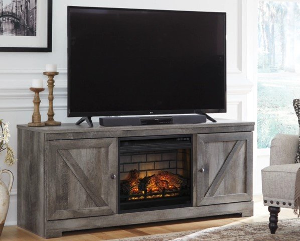 Rustic farmhouse TV stand with an electric fireplace insert